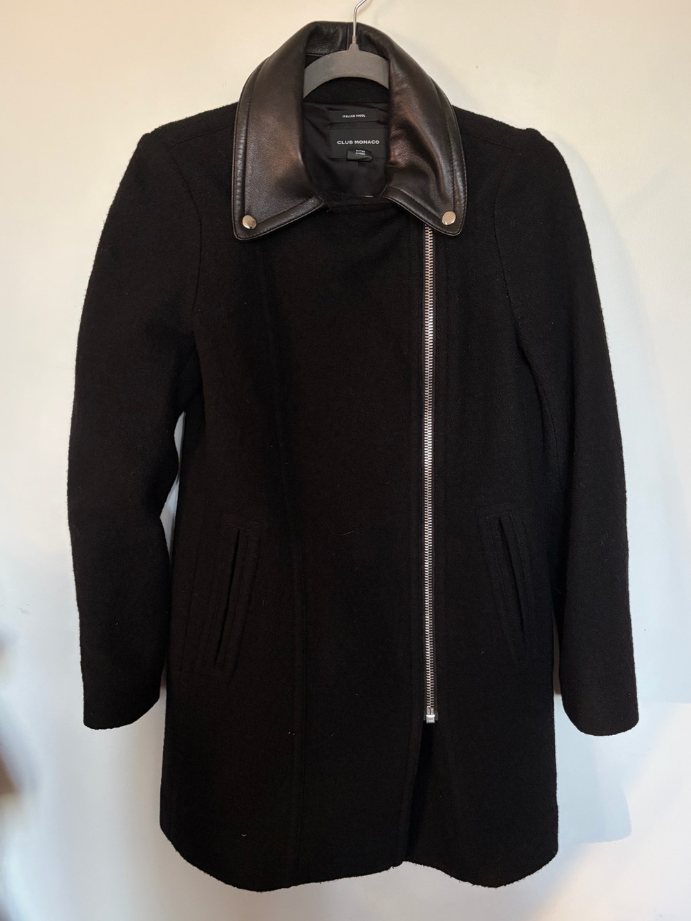 Club Monaco Black 100% Wool & Lamb Leather Trim Zip Coat - XS
